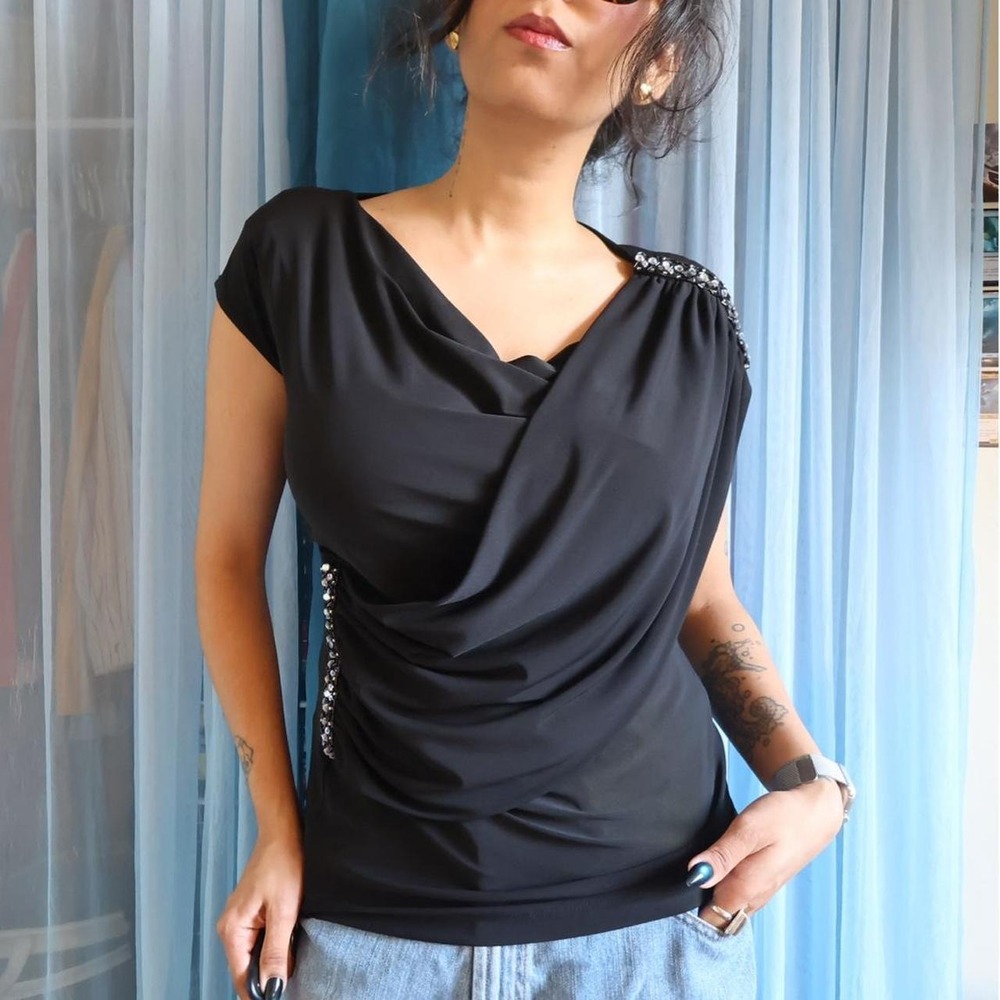 Rhinestone Black Draped Top